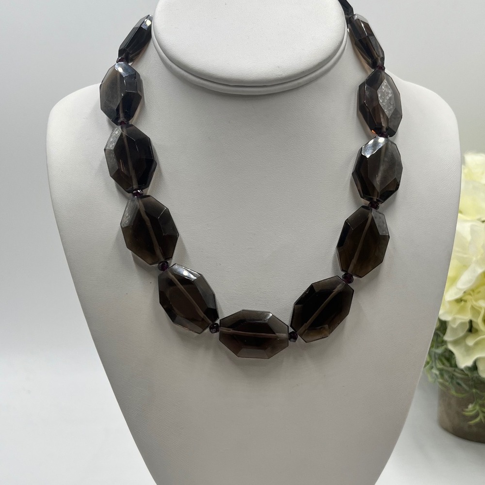 Sterling Silver Vermeil Large Chunky Faceted Smoky Quartz Topaz‎ Necklace